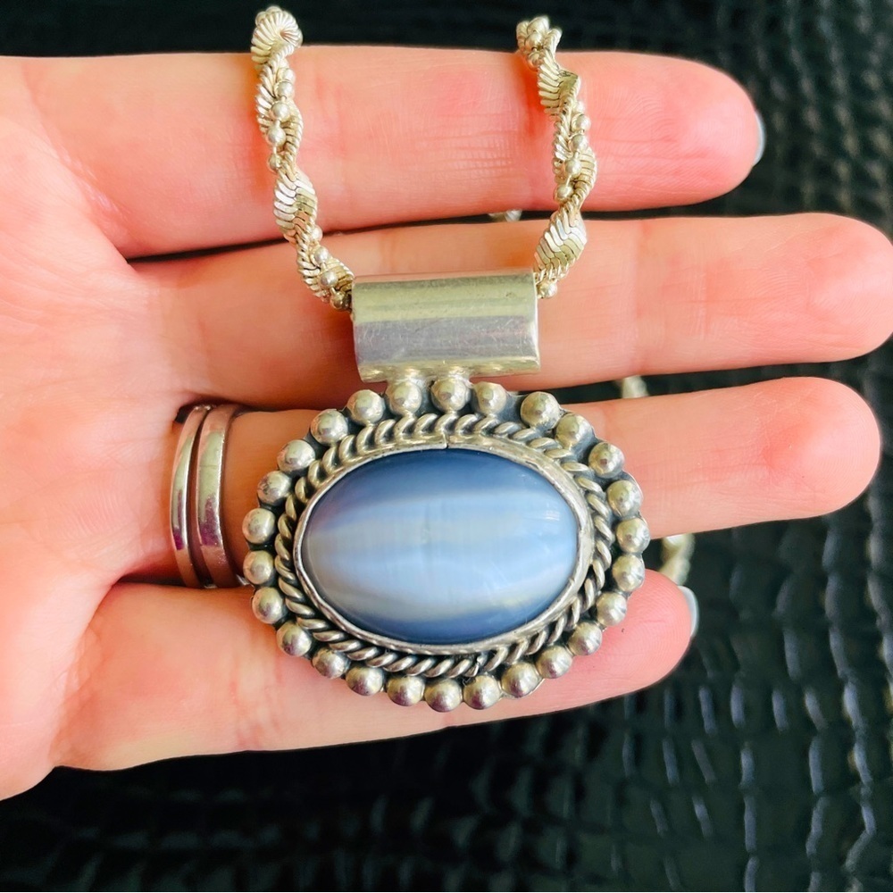 Grey Cat’s Eye Chrysoberyl Vintage Sterling Silver Dotted Pendant Chain …